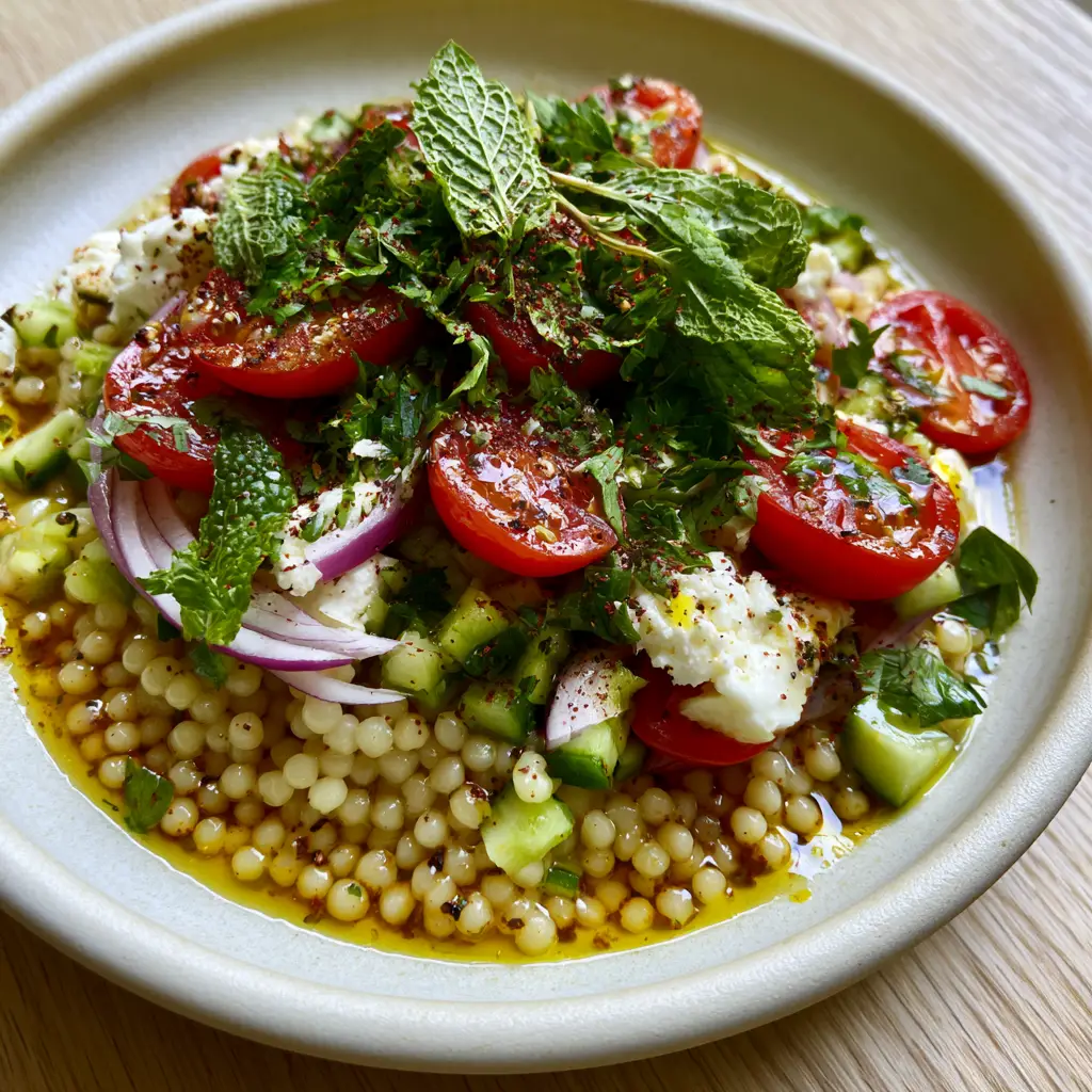Mediterranean Couscous Salad with Pearl Couscous and Lemon Herb Vinaigrette 1 A top-down view of the mediterranean couscous salad in a white bowl showing the lemon herb vinaigrette and sumac garnish.