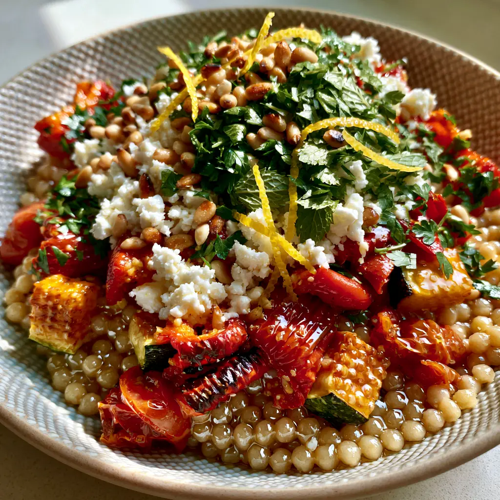 Close up of glistening pearl couscous salad with blistered cherry tomatoes and fresh mint.