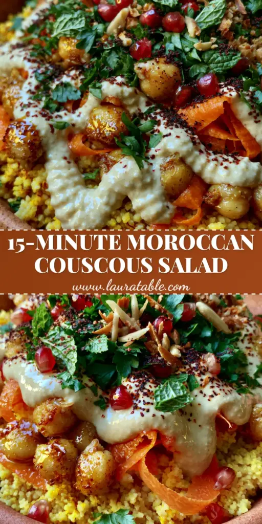 Moroccan-Spiced Chickpea and Carrot Couscous Salad with Lemon Tahini 4 A tall, vertical Pinterest-optimized shot of Moroccan-Spiced Chickpea and Carrot Couscous Salad with lemon tahini drizzle and pomegranate seeds.