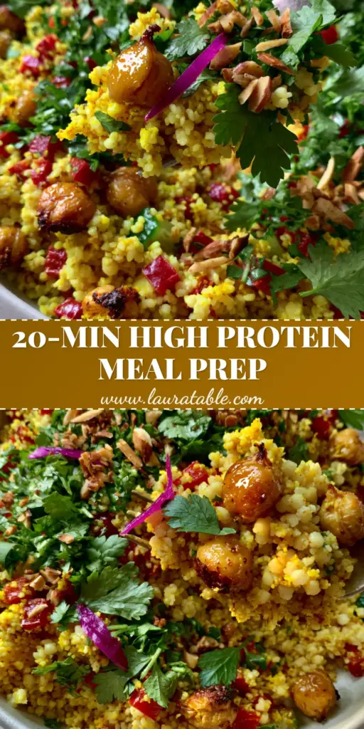 A vertical Pinterest pin showing a vibrant Curried Couscous Chickpea Salad with golden grains and fresh herbs.