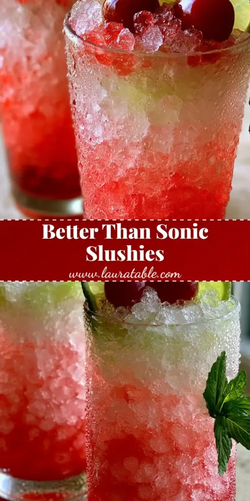 Two tall glasses of Cherry Limeade Slushies with pebbled ice, crimson syrup, lime wheels, and maraschino cherries on a stone surface.
