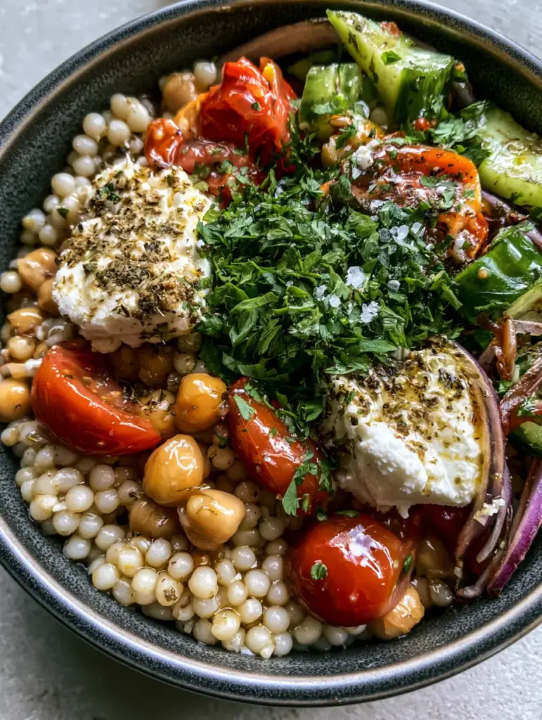 Macro photography showing glistening pearl couscous grains and creamy feta in a Greek Couscous Salad.