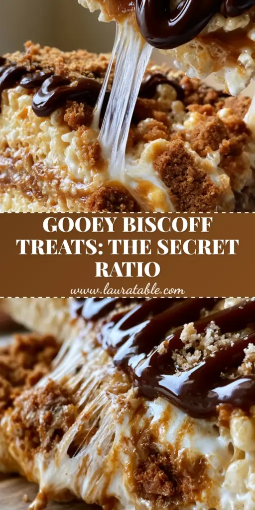 Biscoff Rice Krispie Treats: The Ultimate Gooey Cookie Butter Snack 4 A close-up vertical shot of Biscoff Rice Krispie Treats showing a gooey marshmallow pull and cookie butter drizzle.