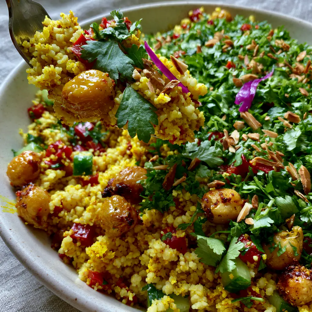 Extreme close-up of Curried Couscous Chickpea Salad in a matte white bowl with turmeric grains and charred chickpeas.