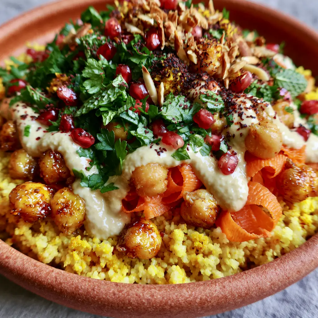 Macro close-up of golden turmeric couscous, pan-seared chickpeas, and orange carrot ribbons in a terracotta bowl. (Moroccan-Spiced Chickpea and Carrot Couscous Salad)