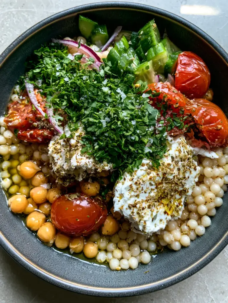 Colorful Greek Couscous Salad with deep red tomatoes, purple onions, and green cucumbers.