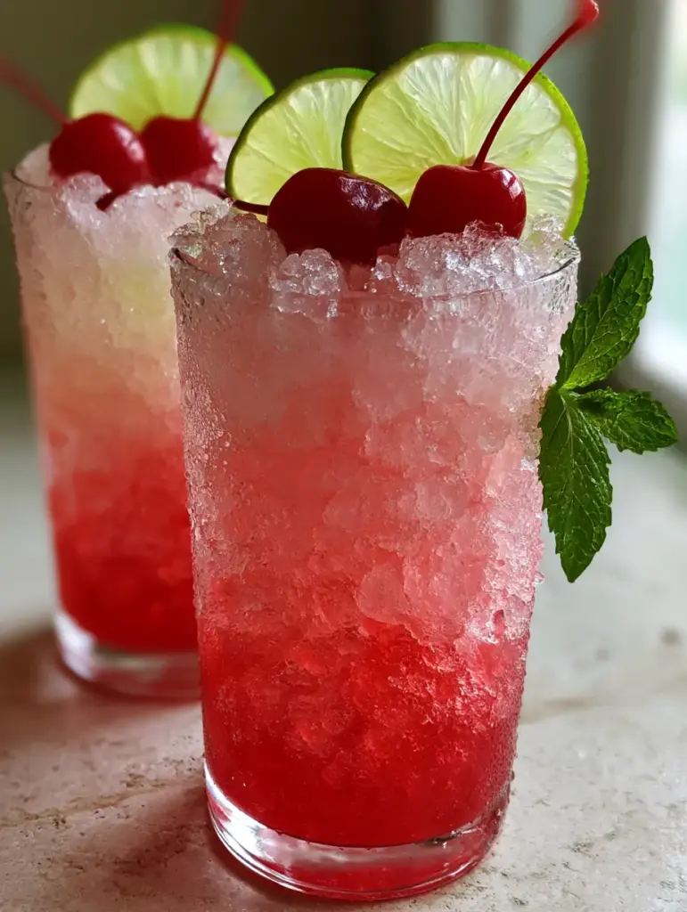 Close up smartphone photo of Cherry Limeade Slushies showing the glistening pebbled ice and condensation droplets.
