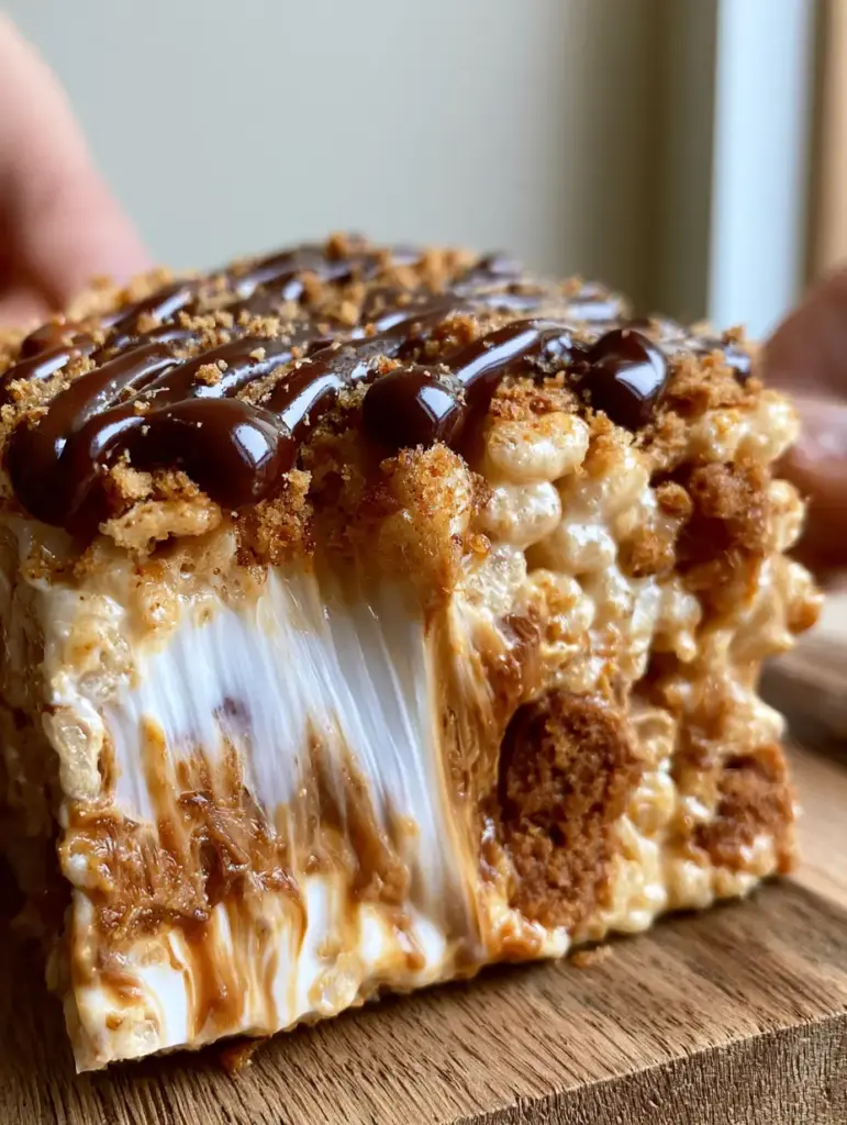 Macro close-up of a Biscoff Rice Krispie Treat being pulled apart with visible speculoos swirls. (Biscoff Rice Krispie Treats)