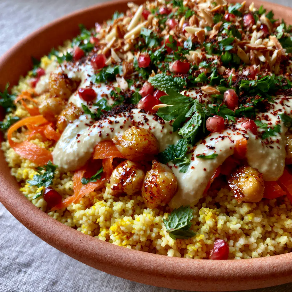 Moroccan-Spiced Chickpea and Carrot Couscous Salad with Lemon Tahini 1 Extreme macro of pan-seared glistening chickpeas and ivory-colored lemon tahini sauce zig-zagged over a Moroccan-Spiced Chickpea and Carrot Couscous Salad.