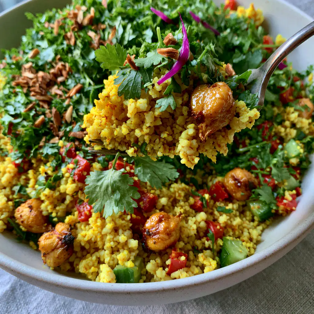A fork lifting a portion of Curried Couscous Chickpea Salad showing textures of cucumber, pepper, and herbs.