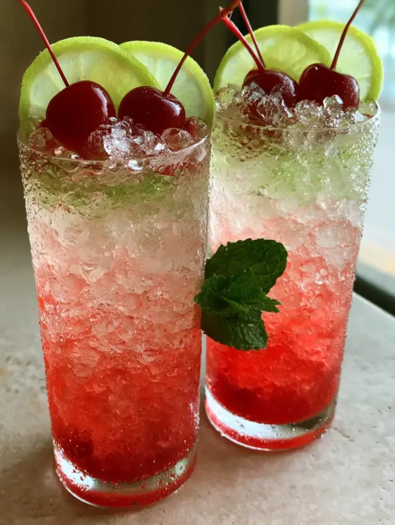 Two Cherry Limeade Slushies highlighting the gradient from crimson cherry syrup to translucent lime juice.