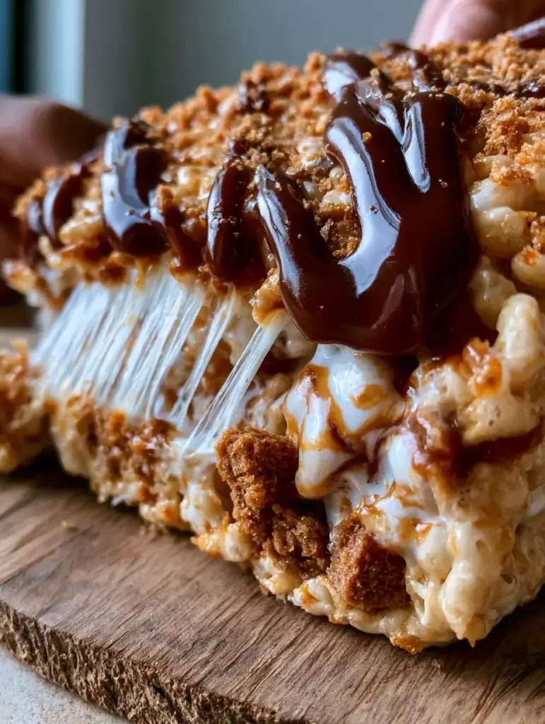 Biscoff Rice Krispie Treats: The Ultimate Gooey Cookie Butter Snack 1 A thick Biscoff Rice Krispie Treat with dark caramel cookie butter drizzle and biscuit chunks.