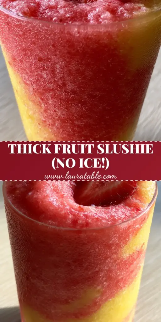 A tall ribbed glass filled with a thick, vibrant pink and yellow swirled pineapple strawberry slushie, garnished with a fresh strawberry and pineapple leaf.