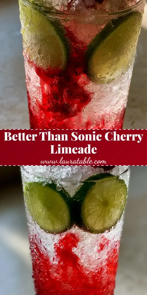A tall glass of cherry limeade with ruby red syrup, crushed nugget ice, lime wheels, and cherries on a stone countertop. (cherry limeade recipe)