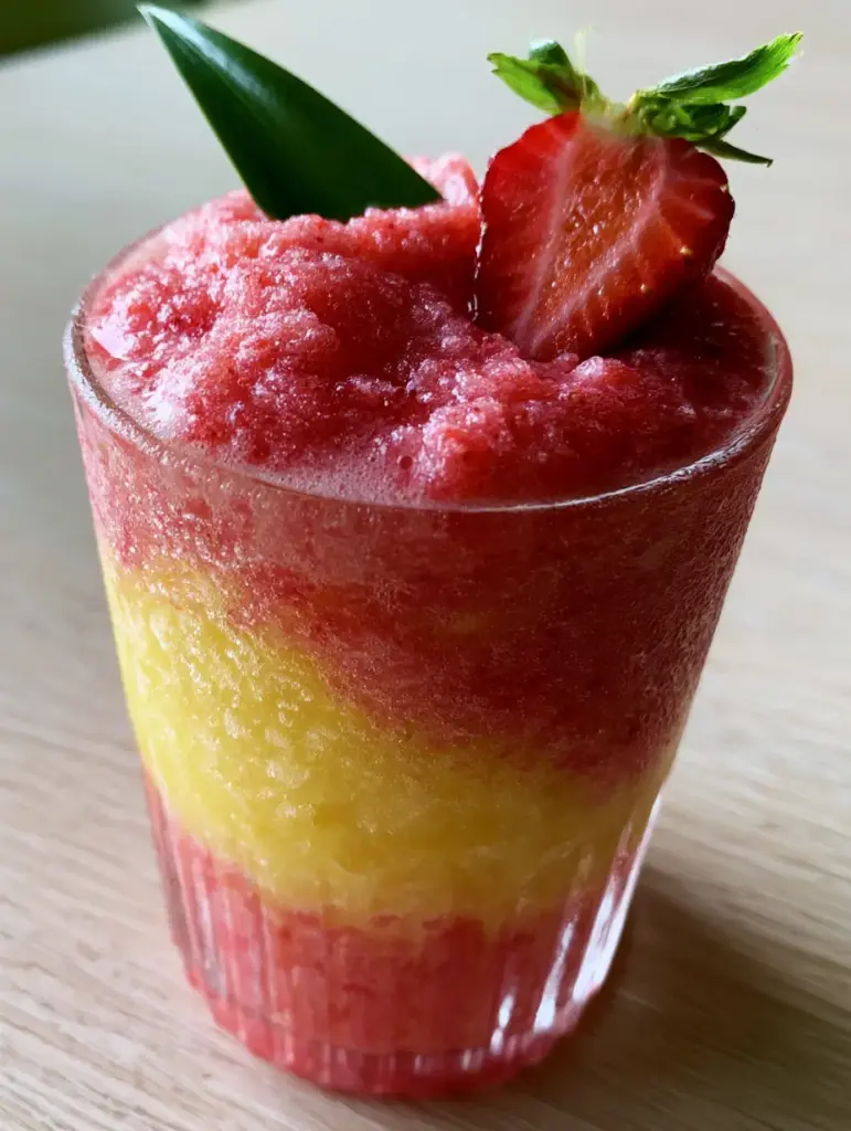Close-up of a dense, creamy pineapple strawberry slushies texture with tiny frozen crystals and condensation on a ribbed glass.