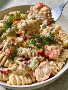 Gourmet Crab Pasta Salad in a matte white bowl with fresh dill and red onions on a grey stone background.