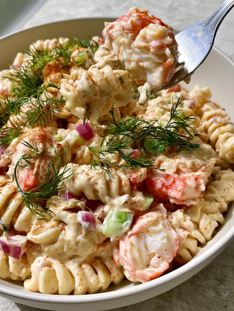 Gourmet Crab Pasta Salad in a matte white bowl with fresh dill and red onions on a grey stone background.