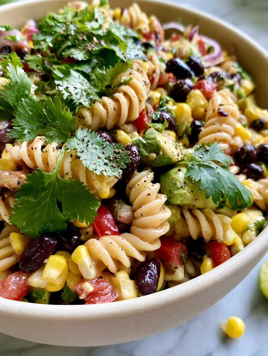 High-angle close-up of Cowboy Caviar Pasta Salad showing glossy black beans and al dente rotini spirals.