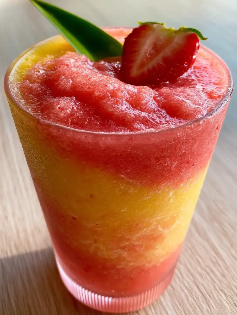 Detailed view of swirled fruit puree in a glass, featuring pineapple strawberry slushies with a matte frozen finish.