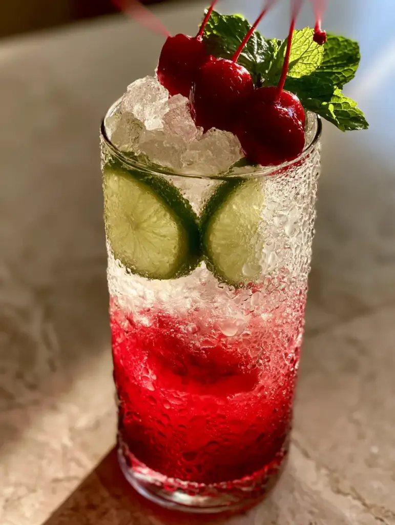Smartphone photo of a tall glass of cherry limeade with a mint sprig and maraschino cherries.