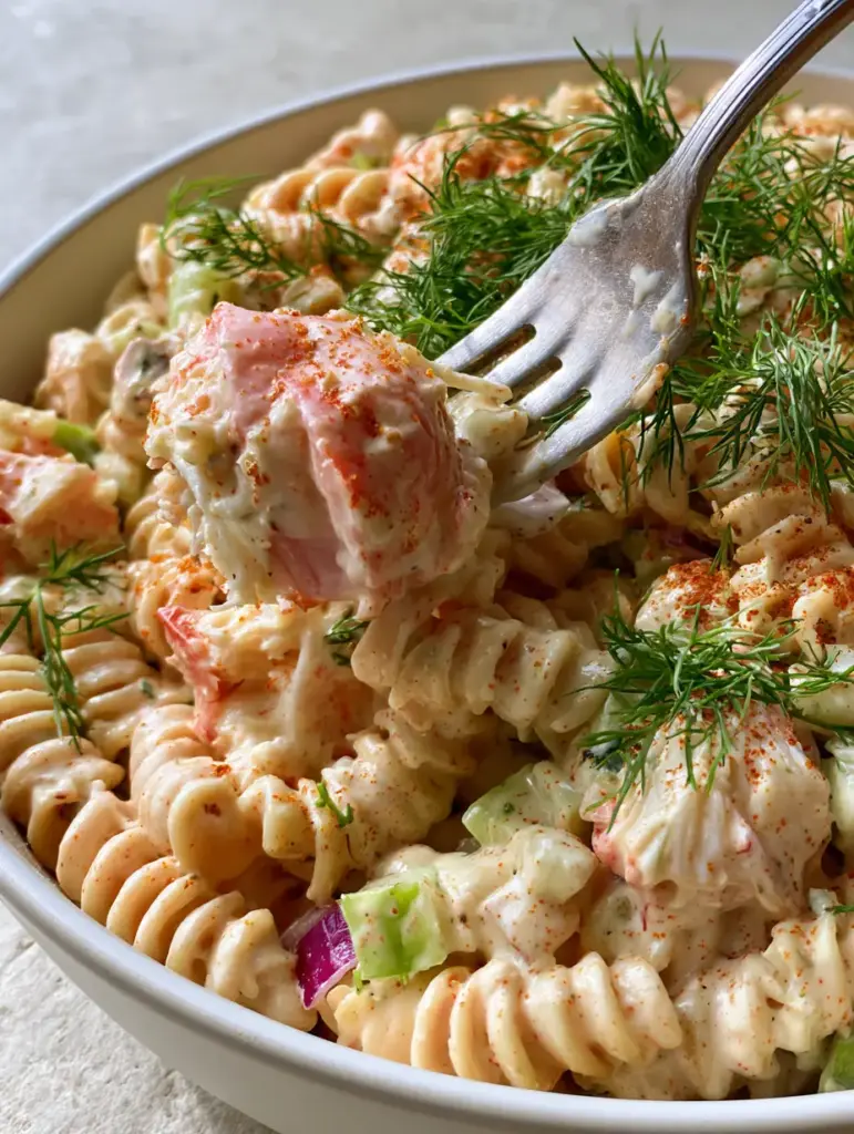 Close up of Crab Pasta Salad showing the thick ivory dressing, orange Old Bay specks, and large pink imitation crab chunks.