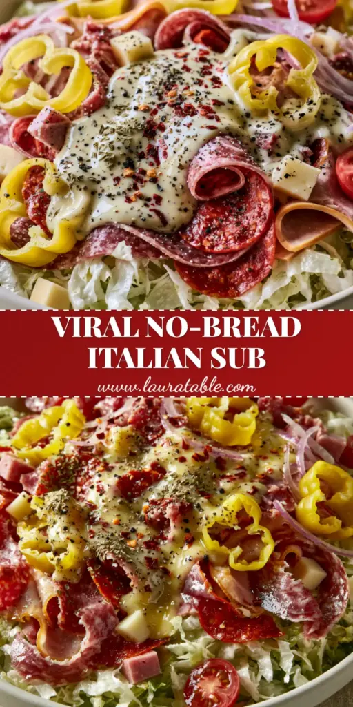 A tall mountain of shredded iceberg lettuce topped with ribbons of salami, pepperoni, and ham, drizzled with creamy herb dressing in a white bowl. (Grinder Salad)