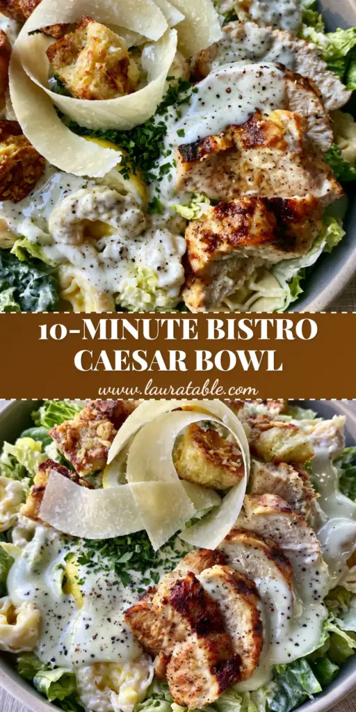 A chic ceramic bowl filled with tortellini Caesar salad featuring seared chicken, romaine, and shaved parmesan ribbons. (tortellini Caesar salad)