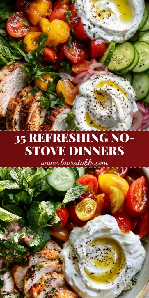 A vibrant Mediterranean summer dinner recipes harvest bowl with grilled chicken, quinoa, and heirloom tomatoes.