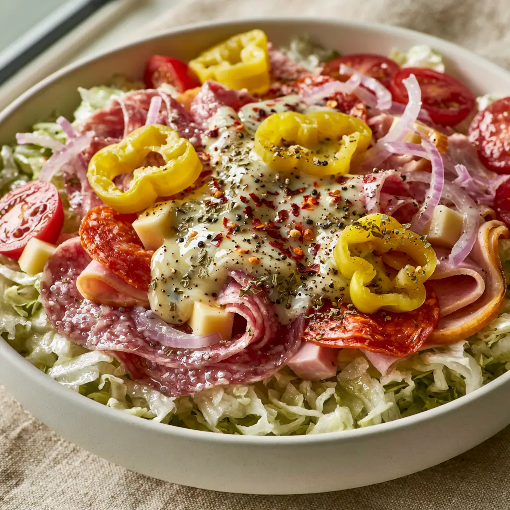 Close-up high angle shot of a Grinder Salad featuring banana peppers, red onions, and cubed provolone. (Grinder Salad)