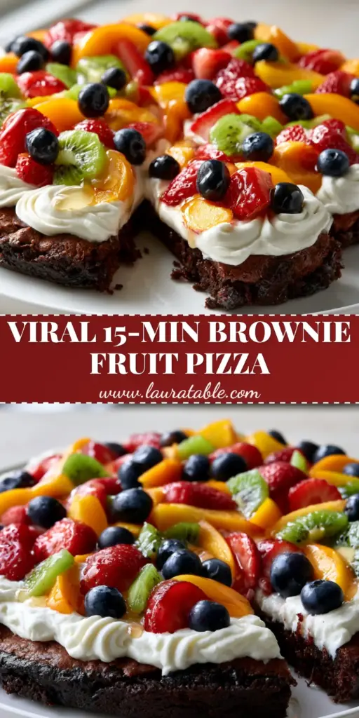 A thick circular fudgy dark chocolate brownie fruit pizza topped with whipped cream cheese and a mosaic of strawberries, blueberries, kiwi, and peaches.