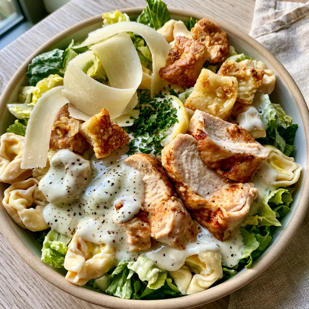 Close up of creamy tortellini Caesar salad with glossy dressing and black pepper specks. (tortellini Caesar salad)