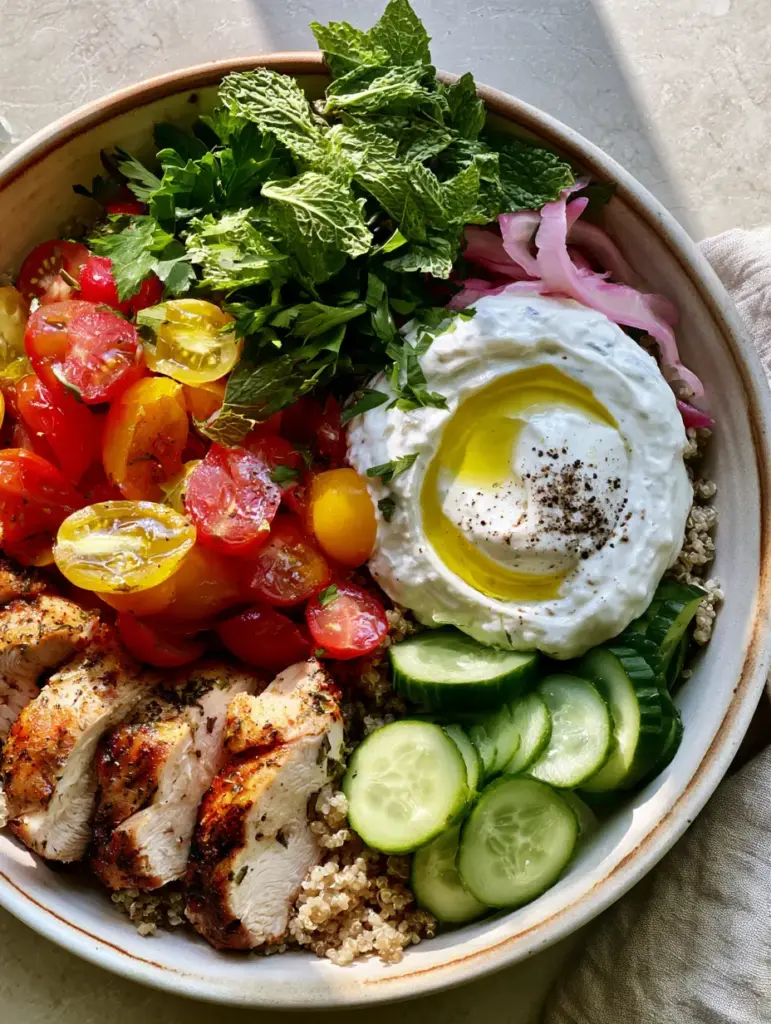 Top-down view of a ceramic bowl filled with Mediterranean ingredients for summer dinner recipes.