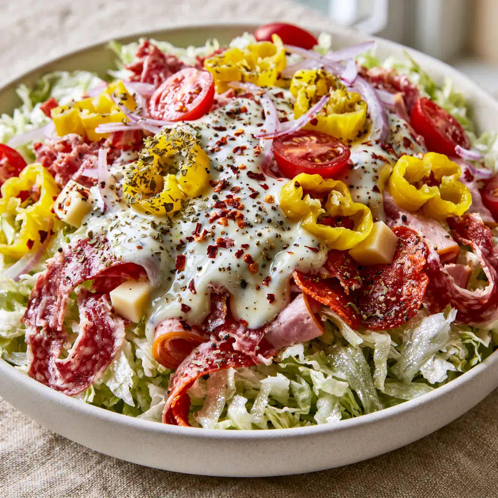A vibrant Grinder Salad bowl with creamy dressing flecked with oregano and red pepper flakes.