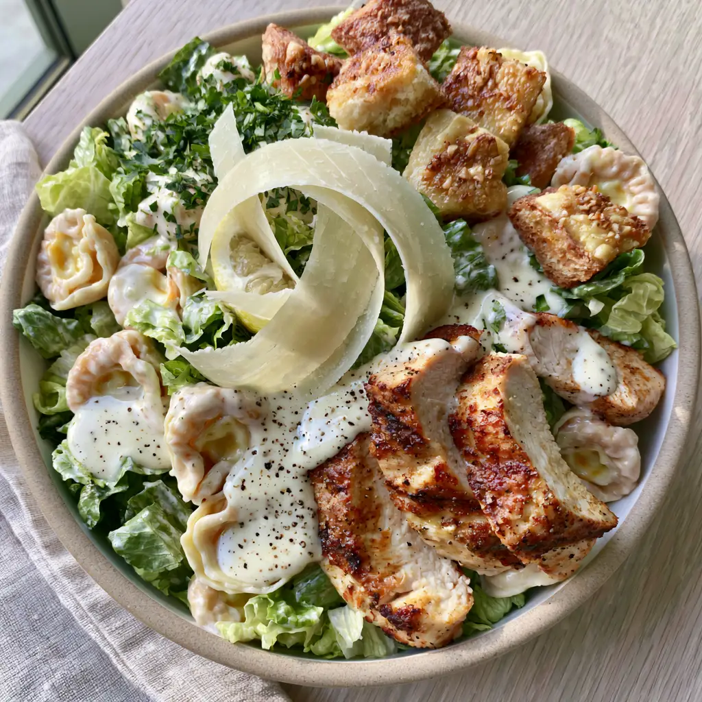 Juicy slices of seared chicken breast sitting atop a bed of romaine and tortellini Caesar salad.