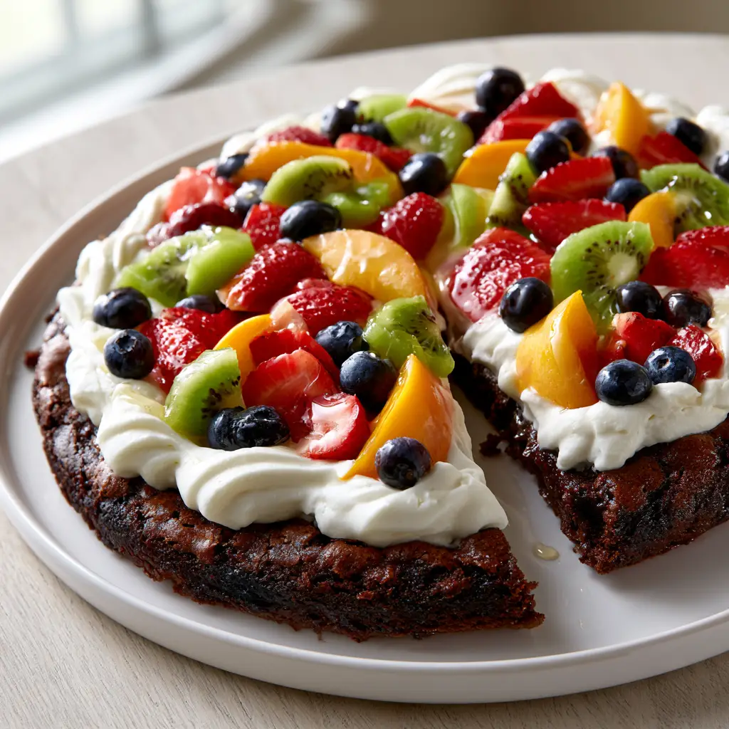 Macro photo of brownie fruit pizza showing the crackly dark chocolate edges and elegant frosting swirls.