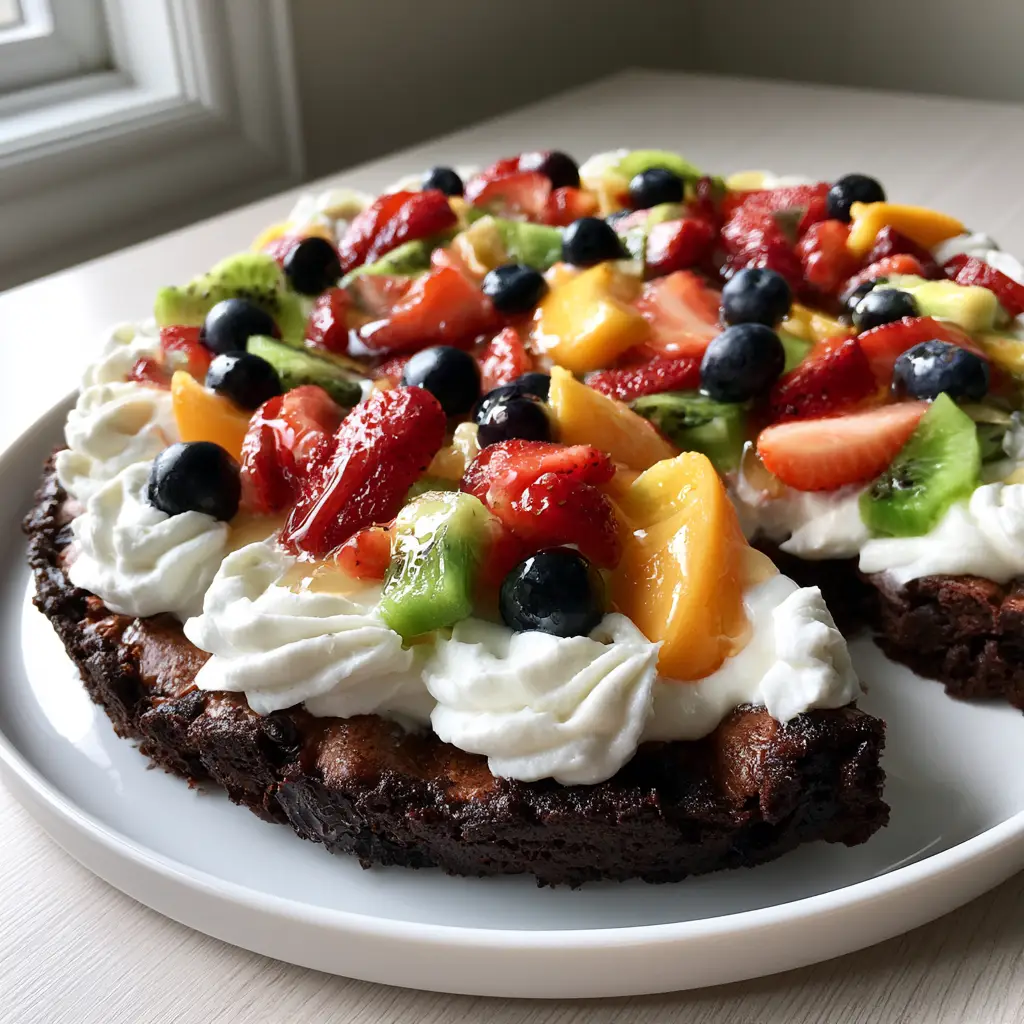 Detailed view of the fresh fruit mosaic and honey glaze on a brownie fruit pizza.