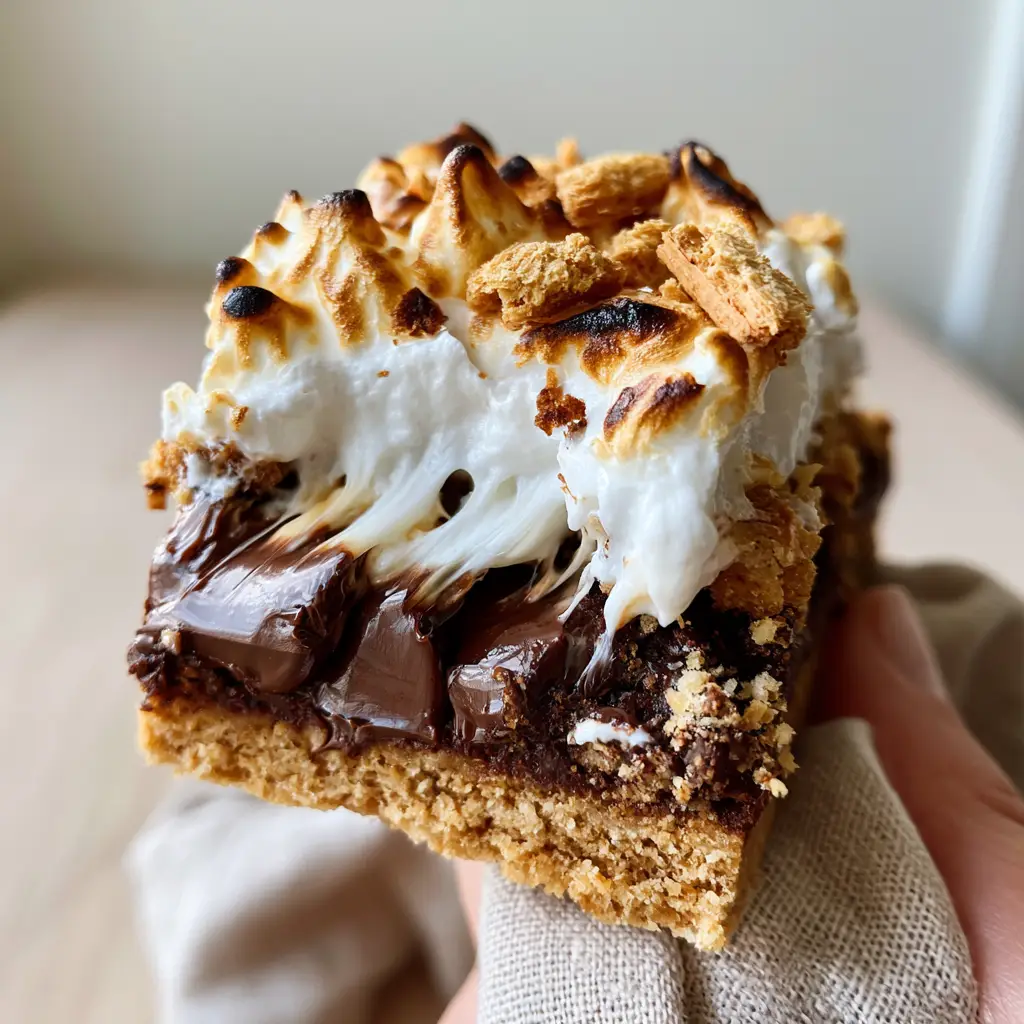 A high-angle shot of s'more bars on a light wood surface featuring dark chocolate chunks and a billowy marshmallow topping.