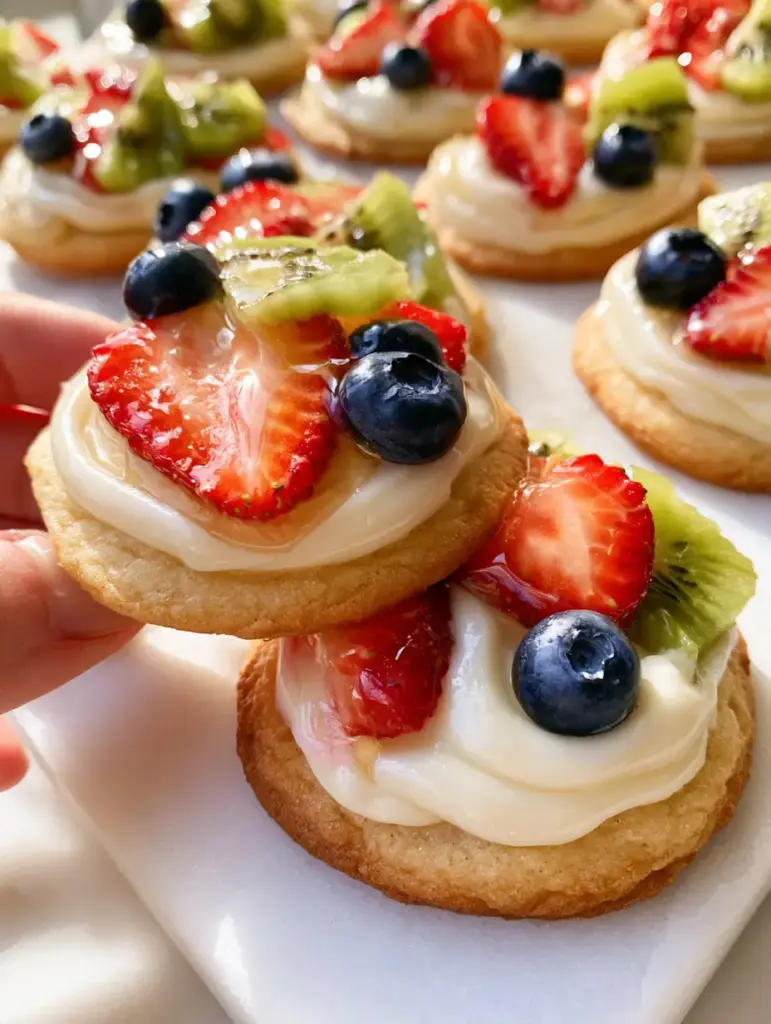 Mini Fruit Pizzas with Thick Cream Cheese Glaze 1 Extreme close up of the fruit texture and thick cream cheese glaze on Mini Fruit Pizzas with a light honey drizzle.