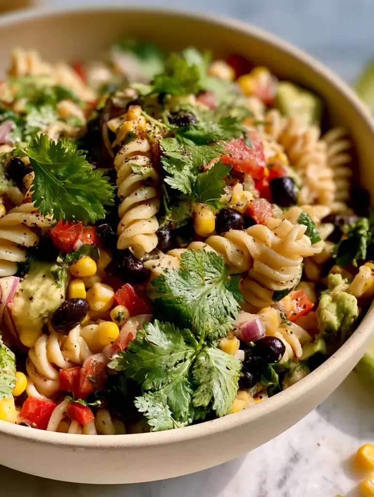 Side profile macro shot of a vibrant Cowboy Caviar Pasta Salad garnished with fresh cilantro and cracked pepper.