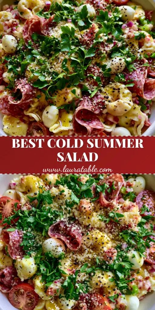 Vertical shot of a vibrant Tortellini pasta salad with cheese tortellini, salami ribbons, and mozzarella pearls in a white bowl.
