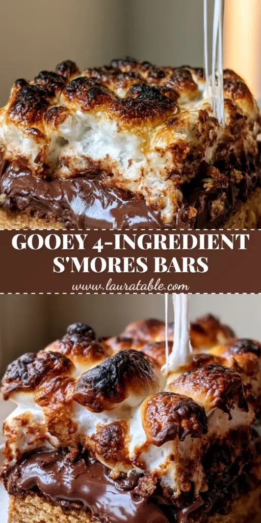 Smores Cookie Bars with Molten Chocolate and Toasted Marshmallows 4 A stack of thick Smores Cookie Bars with a visible graham cracker crust, molten chocolate layer, and a stringy marshmallow pull being lifted upwards.