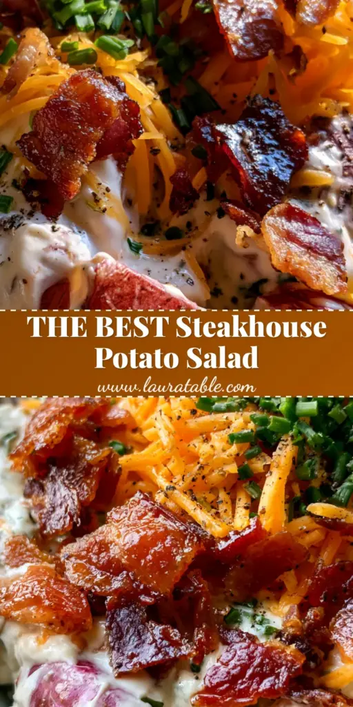 Loaded Potato Salad with Red Skin Potatoes and Crispy Bacon 3 A vertical shot of a loaded potato salad in a white bowl topped with bacon, cheese, and chives.