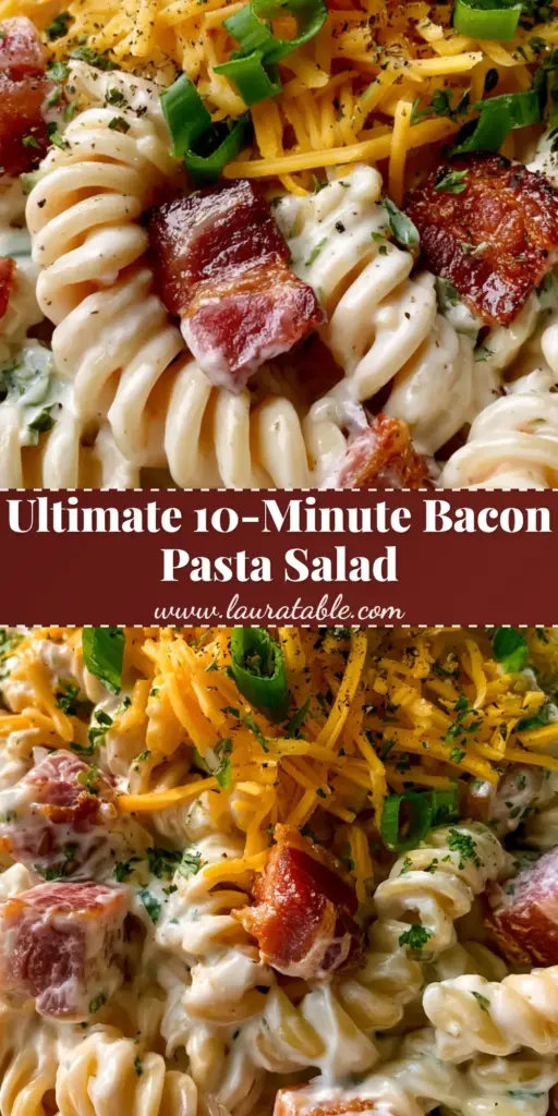 Bacon Pasta Salad: The Ultimate Creamy Potluck Favorite 4 A large bowl of creamy bacon pasta salad with rotini, thick ranch dressing, crispy bacon chunks, and sharp yellow cheddar. (bacon pasta salad)