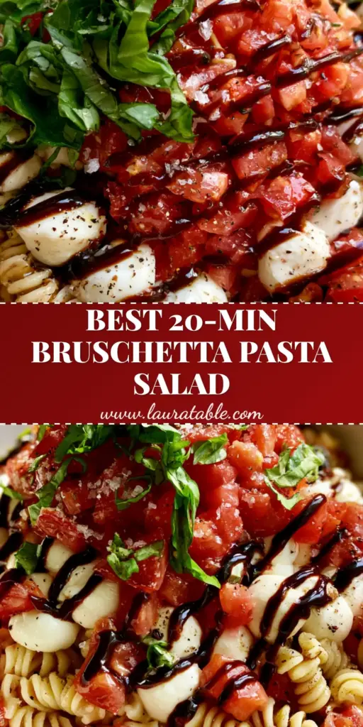 A top-down view of Bruschetta Pasta Salad in a white bowl showing fusilli, tomatoes, mozzarella, and a balsamic glaze zigzag.