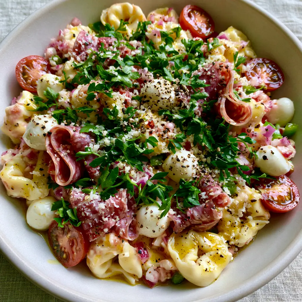 Top-down ultra-close-up of Italian Tortellini pasta salad featuring glistening golden vinaigrette and fresh herbs.