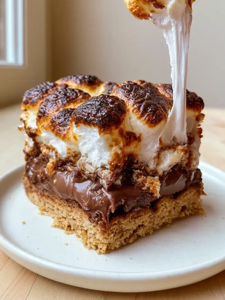 A macro close-up of Smores Cookie Bars showing the golden-brown charred marshmallow peaks and oozing chocolate ganache.