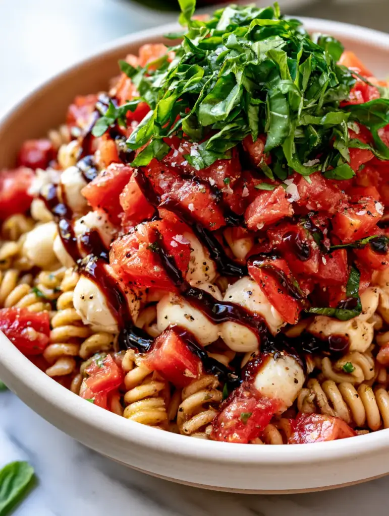 Handheld smartphone photo of Bruschetta Pasta Salad with shimmering garlic oil and ruby red roma tomatoes.
