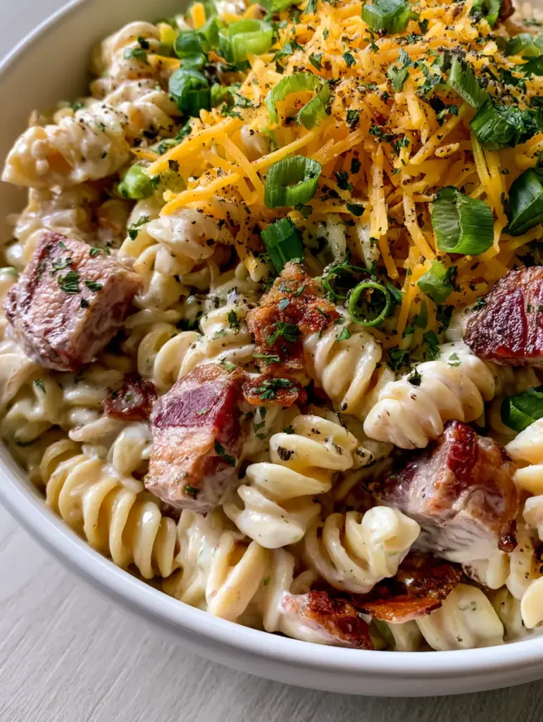 Bacon Pasta Salad: The Ultimate Creamy Potluck Favorite 2 Top-down view of bacon pasta salad in a white ceramic bowl showing the glossy ranch coating and oversized bacon chunks. (bacon pasta salad)
