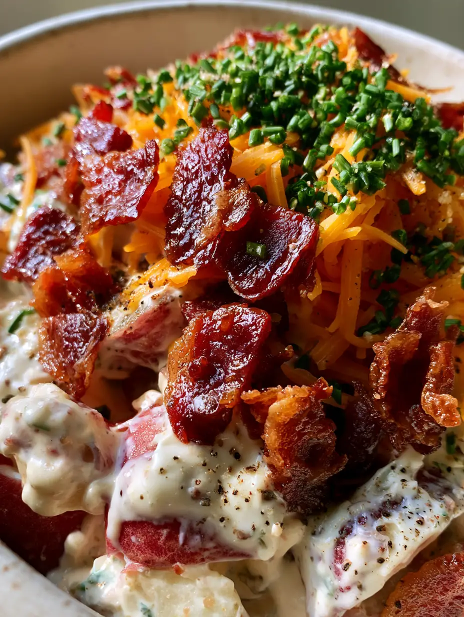 Loaded Potato Salad with Red Skin Potatoes and Crispy Bacon 4 Macro close-up of loaded potato salad showing ruby red skins and creamy ranch dressing.