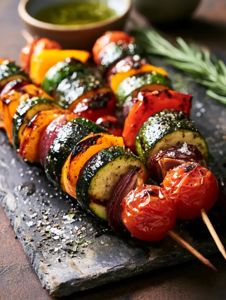 High-angle close-up of three vibrant rainbow vegetable kabobs with deep black sear marks on a slate platter. (vegetable kabobs recipe)